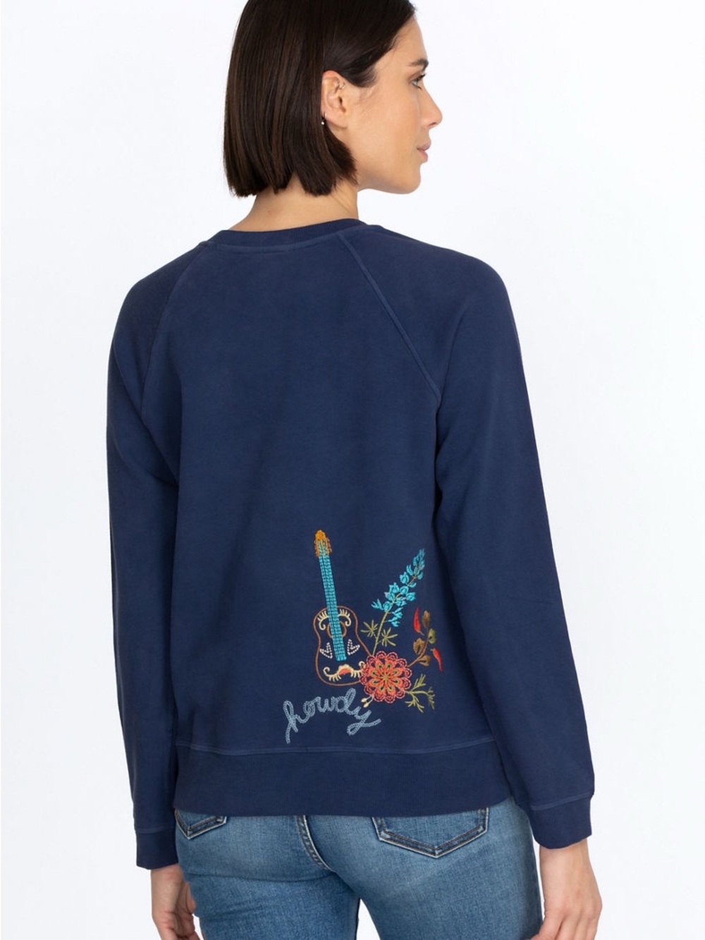 Johnny Was Embroidered Navy Texas Raglan Sweatshirt Small - Picture 2 of 6